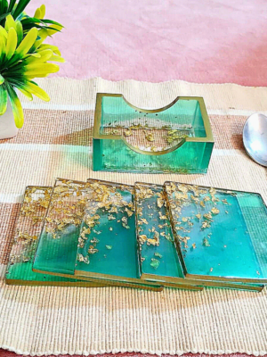 Square Green Reversible Resin Coaster Set | Handmade Coasters with Holder