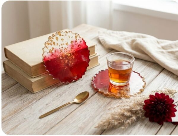 Round Crimson Red Handmade Resin Coaster Set (Pack of 2) | Table & Drink Coasters for Dining